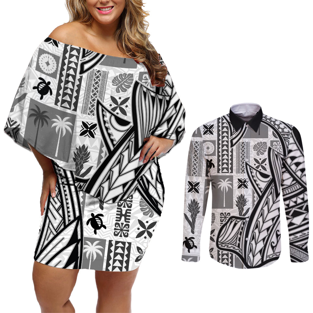 Samoa Tapa Couples Matching Off Shoulder Short Dress and Long Sleeve Button Shirt Siapo Mix Tatau Patterns - White LT7 White - Polynesian Pride