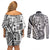 Samoa Tapa Couples Matching Off Shoulder Short Dress and Long Sleeve Button Shirt Siapo Mix Tatau Patterns - White LT7 - Polynesian Pride