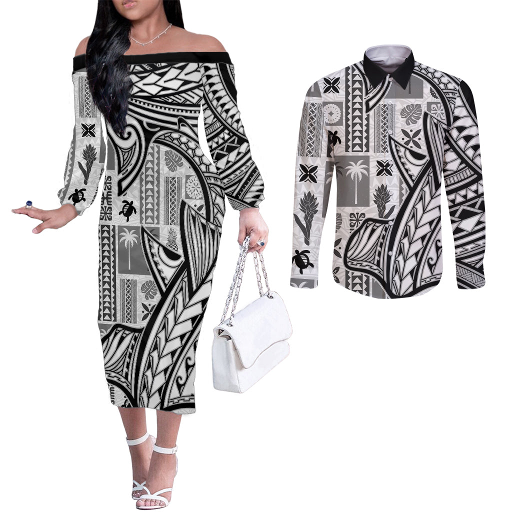 Samoa Tapa Couples Matching Off The Shoulder Long Sleeve Dress and Long Sleeve Button Shirt Siapo Mix Tatau Patterns - White LT7 White - Polynesian Pride