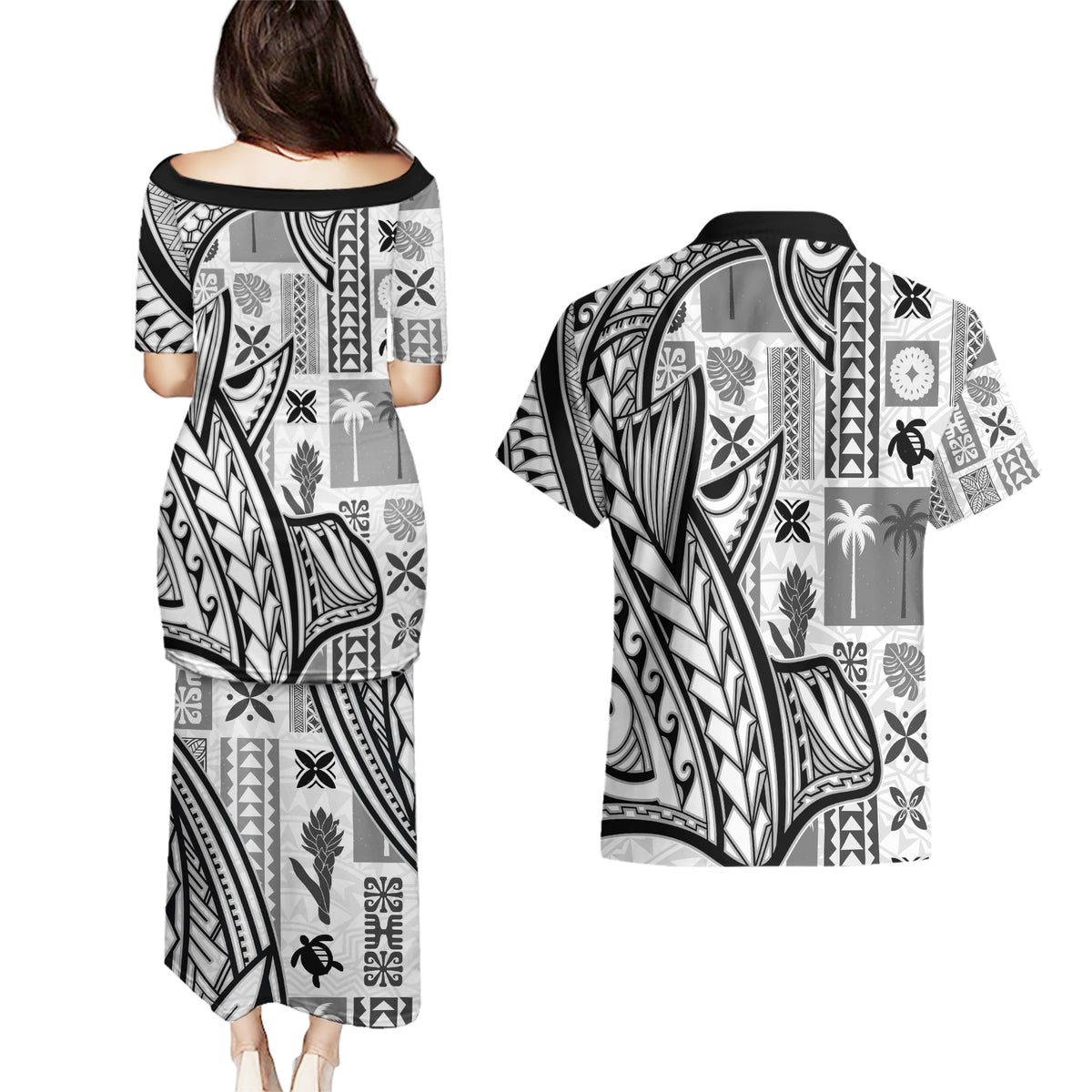 Samoa Tapa Couples Matching Puletasi Dress and Hawaiian Shirt Siapo Mix Tatau Patterns - White LT7 - Polynesian Pride