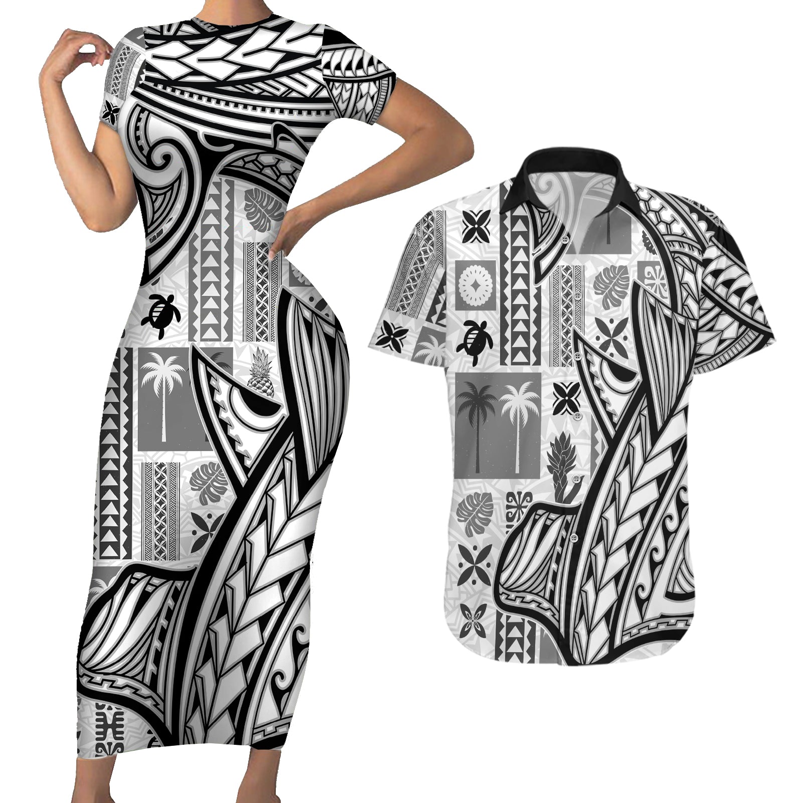 Samoa Tapa Couples Matching Short Sleeve Bodycon Dress and Hawaiian Shirt Siapo Mix Tatau Patterns - White LT7 White - Polynesian Pride