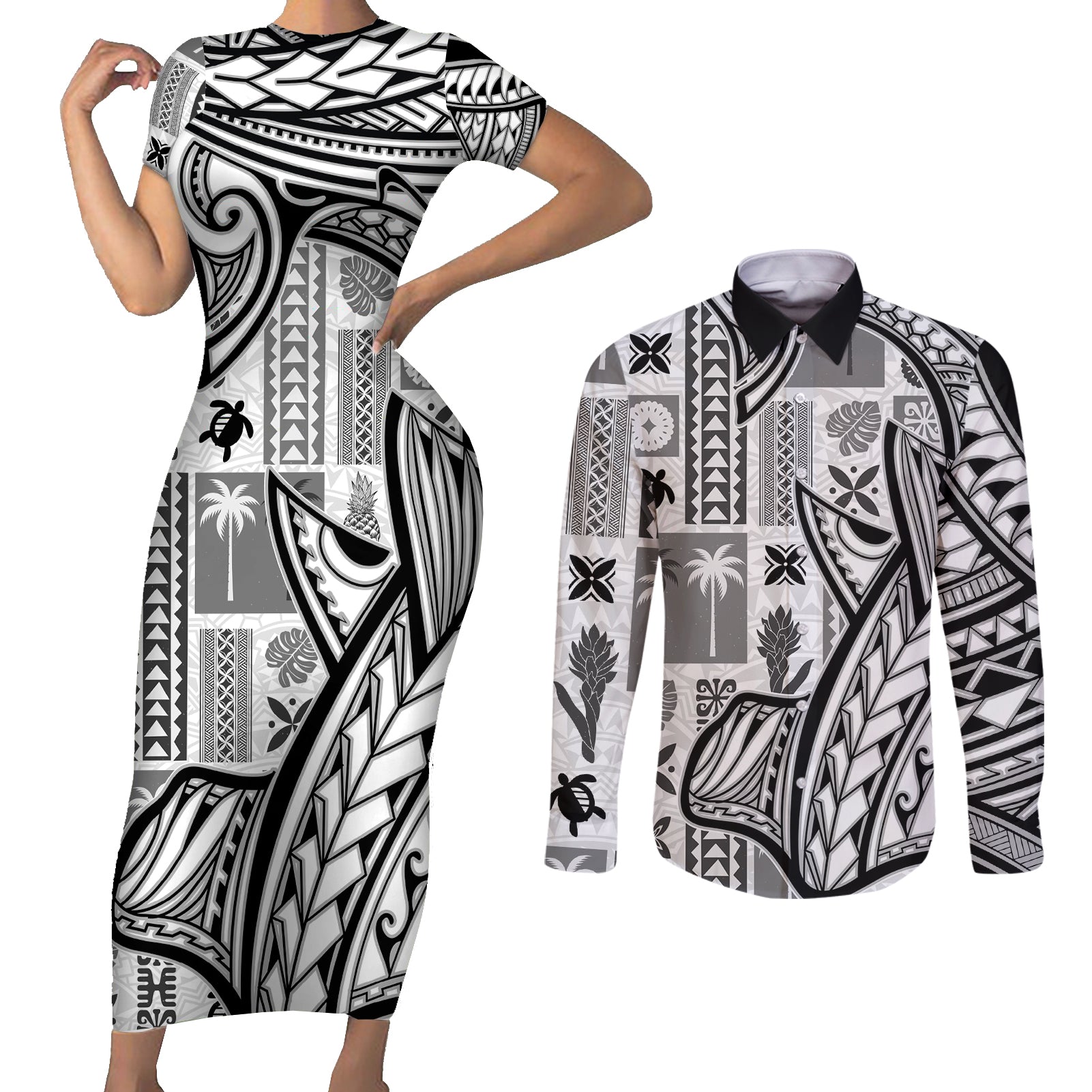 Samoa Tapa Couples Matching Short Sleeve Bodycon Dress and Long Sleeve Button Shirt Siapo Mix Tatau Patterns - White LT7 White - Polynesian Pride