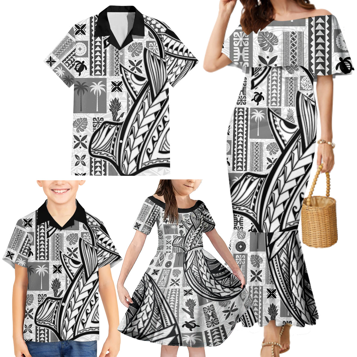 Samoa Tapa Family Matching Mermaid Dress and Hawaiian Shirt Siapo Mix Tatau Patterns - White LT7 - Polynesian Pride