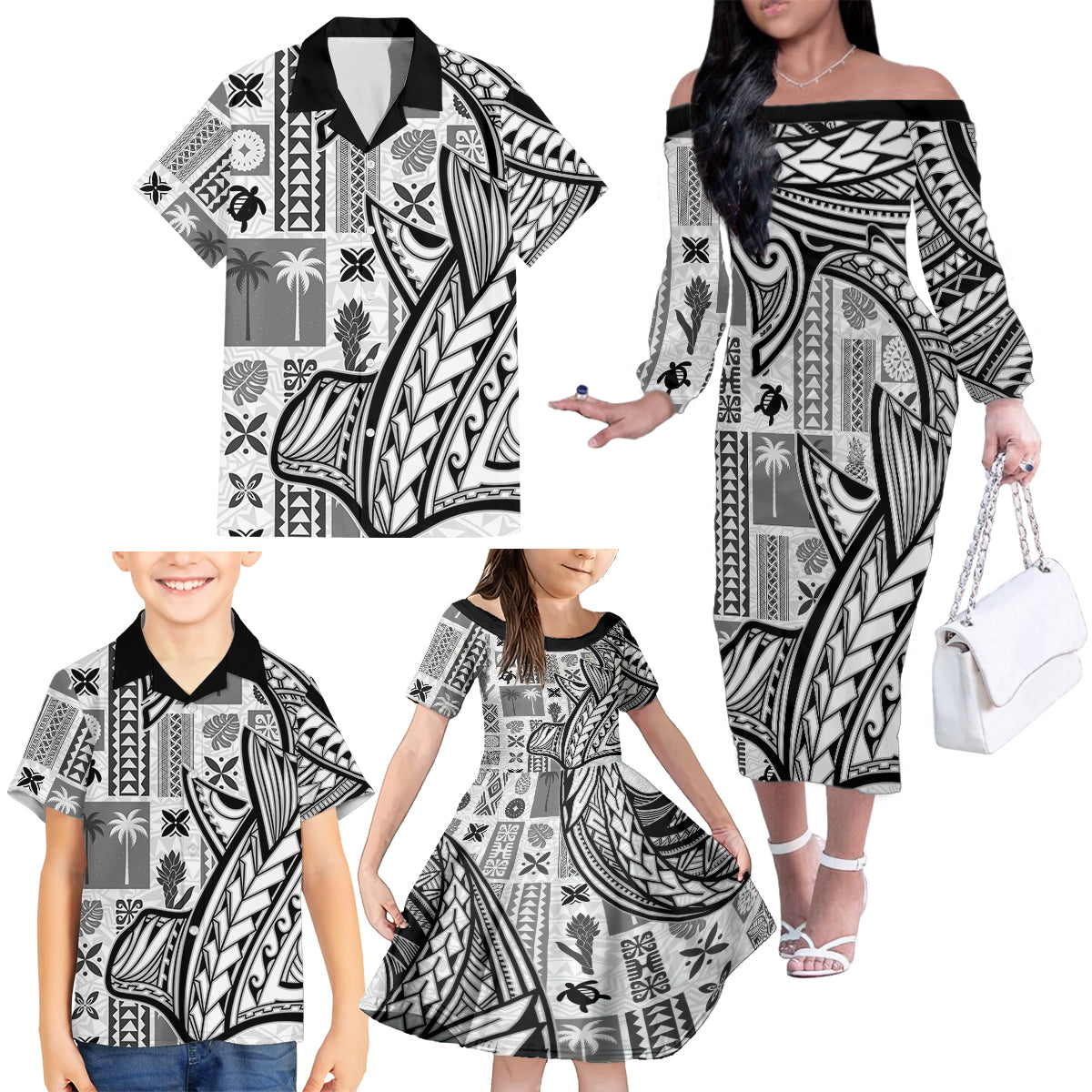 Samoa Tapa Family Matching Off Shoulder Long Sleeve Dress and Hawaiian Shirt Siapo Mix Tatau Patterns - White LT7 - Polynesian Pride