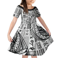 Samoa Tapa Family Matching Off Shoulder Maxi Dress and Hawaiian Shirt Siapo Mix Tatau Patterns - White LT7 Daughter's Dress White - Polynesian Pride