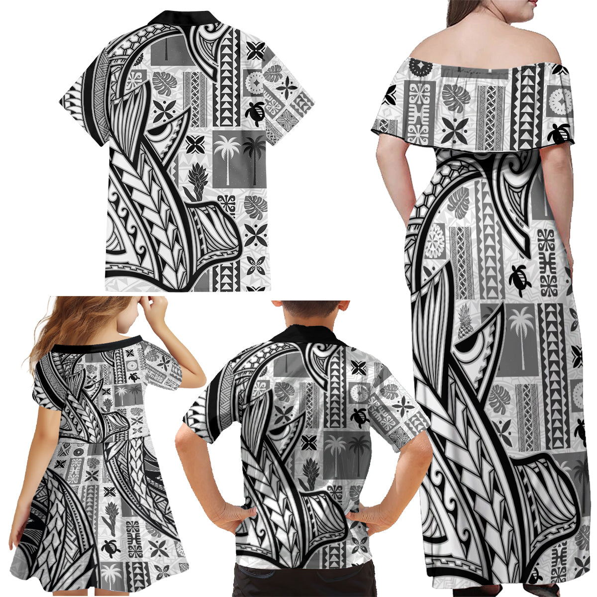 Samoa Tapa Family Matching Off Shoulder Maxi Dress and Hawaiian Shirt Siapo Mix Tatau Patterns - White LT7 - Polynesian Pride