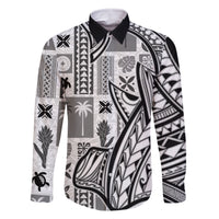 Samoa Tapa Family Matching Off Shoulder Maxi Dress and Hawaiian Shirt Siapo Mix Tatau Patterns - White LT7 Dad's Shirt - Long Sleeve White - Polynesian Pride