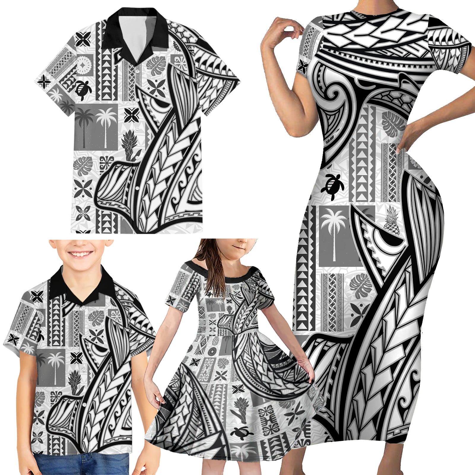 Samoa Tapa Family Matching Short Sleeve Bodycon Dress and Hawaiian Shirt Siapo Mix Tatau Patterns - White LT7 - Polynesian Pride