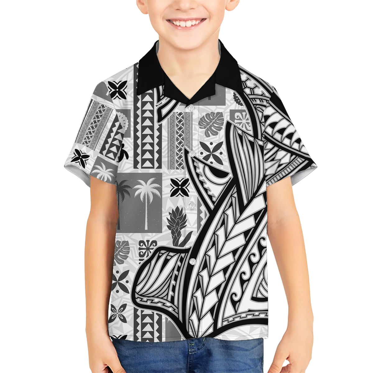Samoa Tapa Family Matching Short Sleeve Bodycon Dress and Hawaiian Shirt Siapo Mix Tatau Patterns - White LT7 Son's Shirt White - Polynesian Pride
