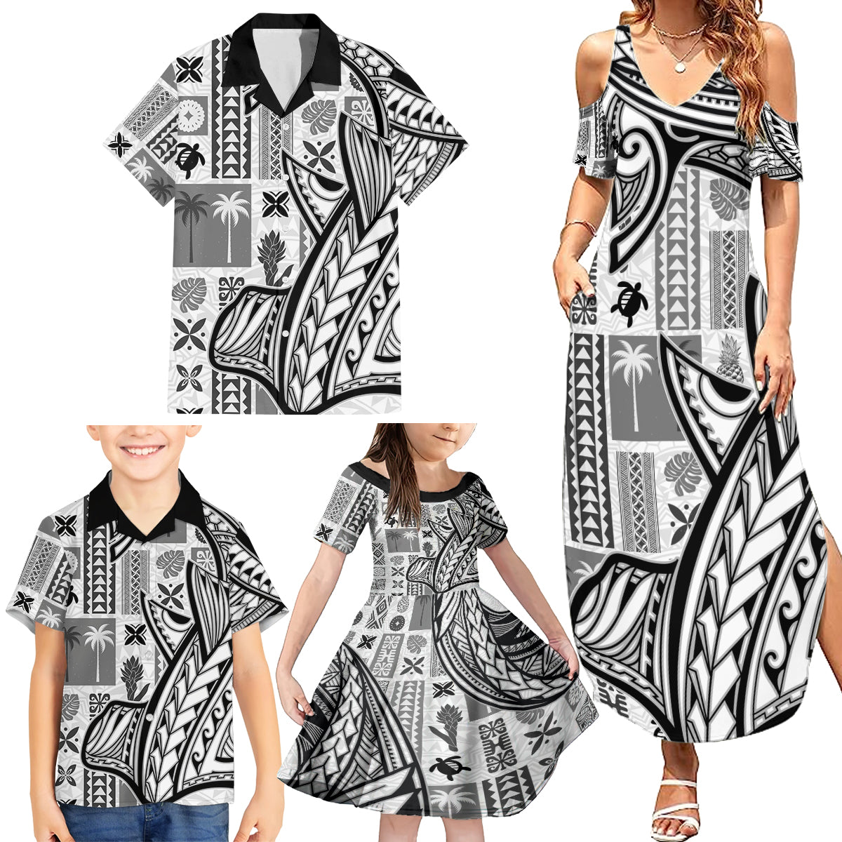 Samoa Tapa Family Matching Summer Maxi Dress and Hawaiian Shirt Siapo Mix Tatau Patterns - White LT7 - Polynesian Pride