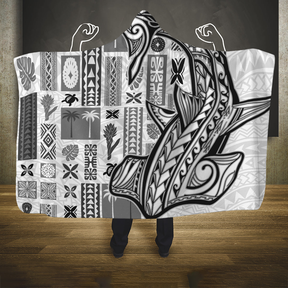 Samoa Tapa Hooded Blanket Siapo Mix Tatau Patterns - White LT7 One Size White - Polynesian Pride