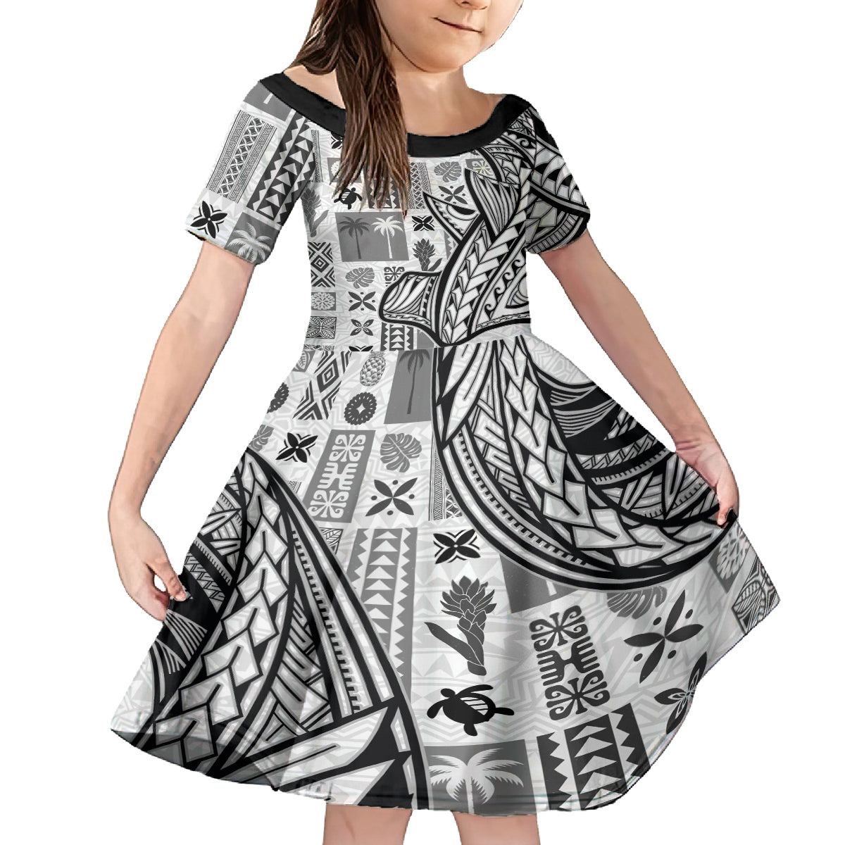 Samoa Tapa Kid Short Sleeve Dress Siapo Mix Tatau Patterns - White LT7 KID White - Polynesian Pride