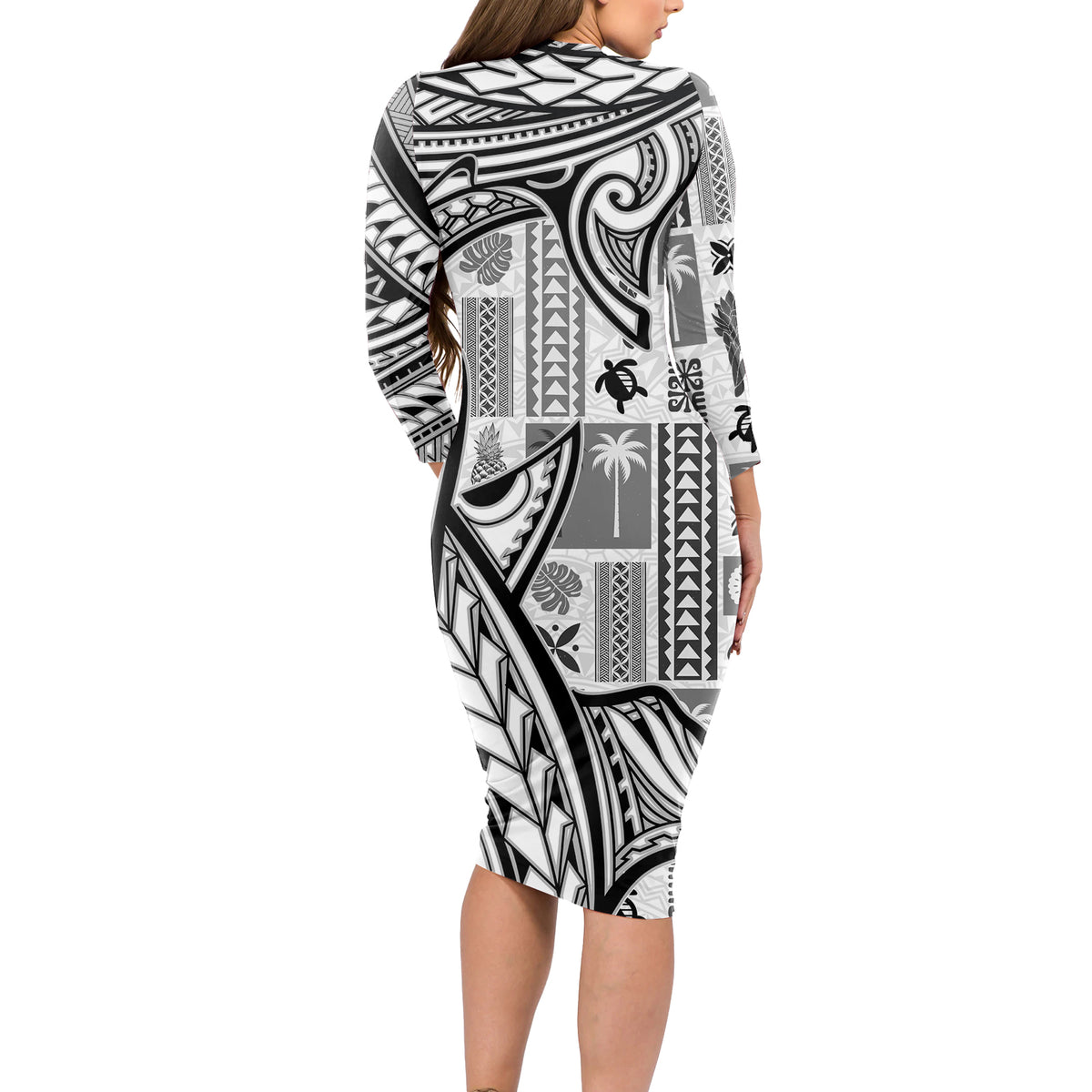 Samoa Tapa Long Sleeve Bodycon Dress Siapo Mix Tatau Patterns - White LT7 - Polynesian Pride