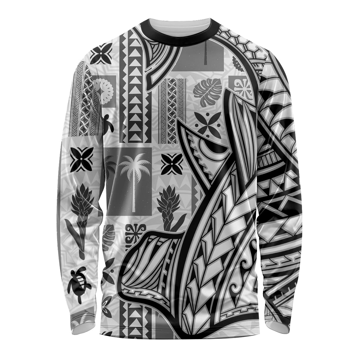 Samoa Tapa Long Sleeve Shirt Siapo Mix Tatau Patterns - White LT7 Unisex White - Polynesian Pride