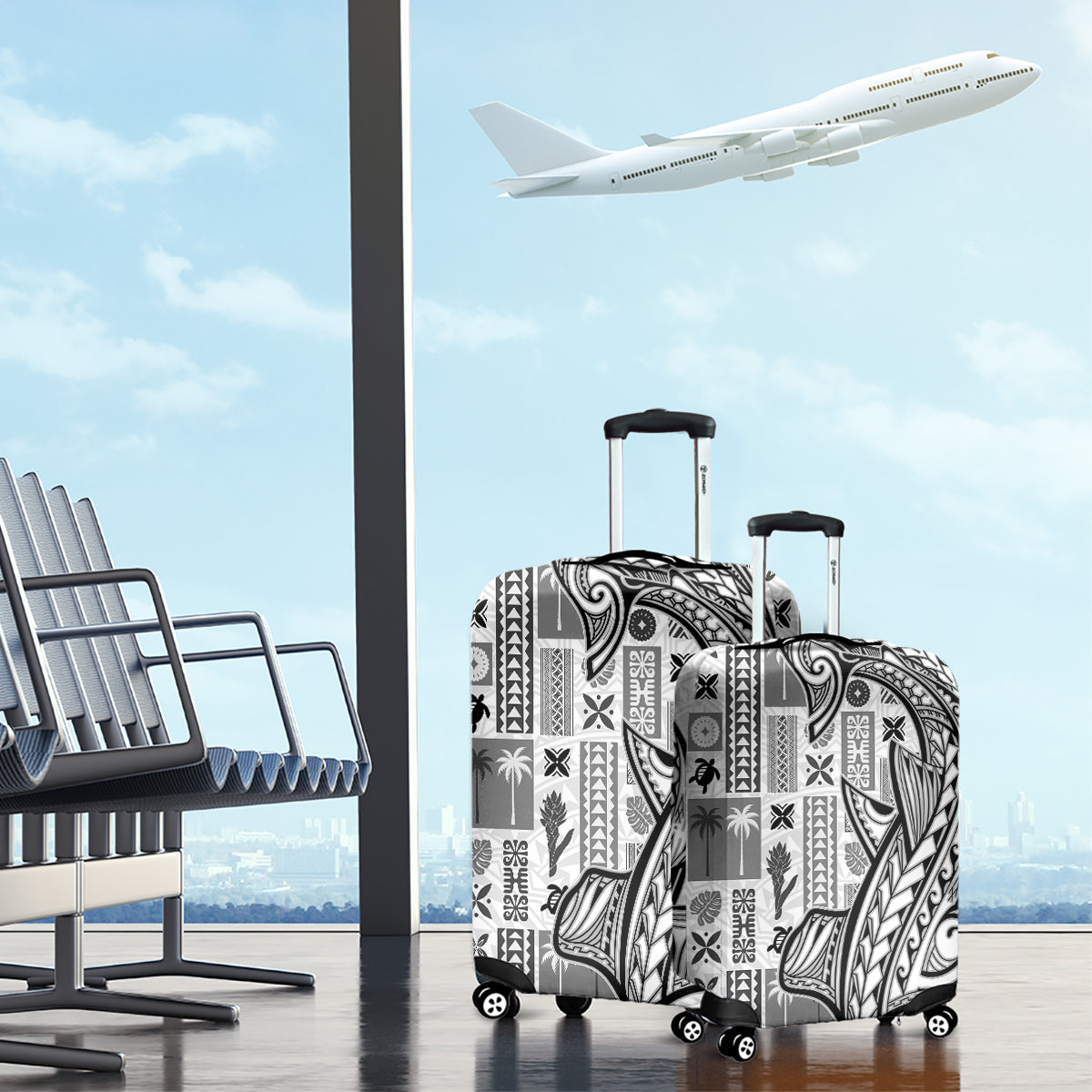 Samoa Tapa Luggage Cover Siapo Mix Tatau Patterns - White LT7 - Polynesian Pride