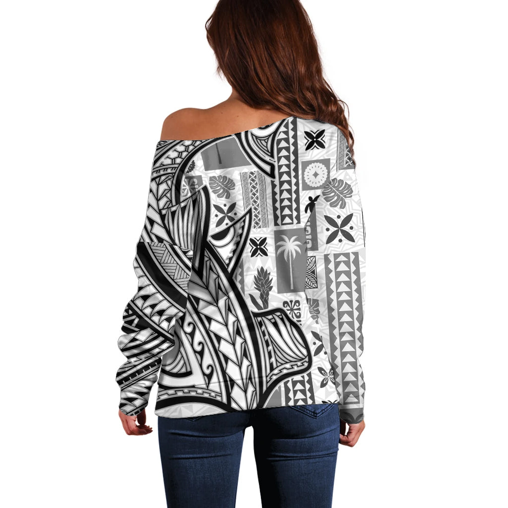 Samoa Tapa Off Shoulder Sweater Siapo Mix Tatau Patterns - White LT7 - Polynesian Pride