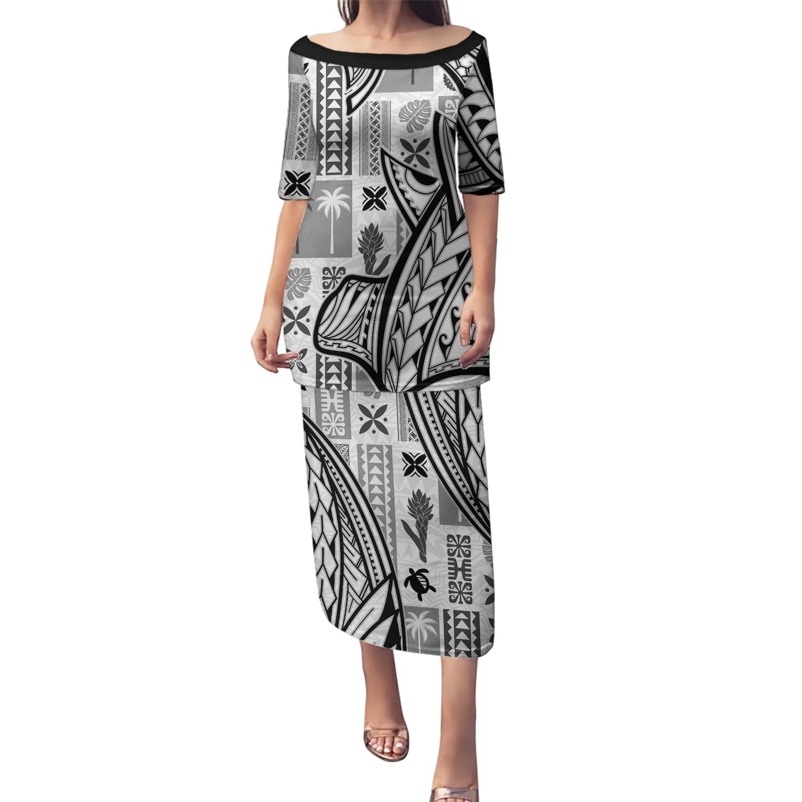 Samoa Tapa Puletasi Siapo Mix Tatau Patterns - White LT7 Long Dress White - Polynesian Pride