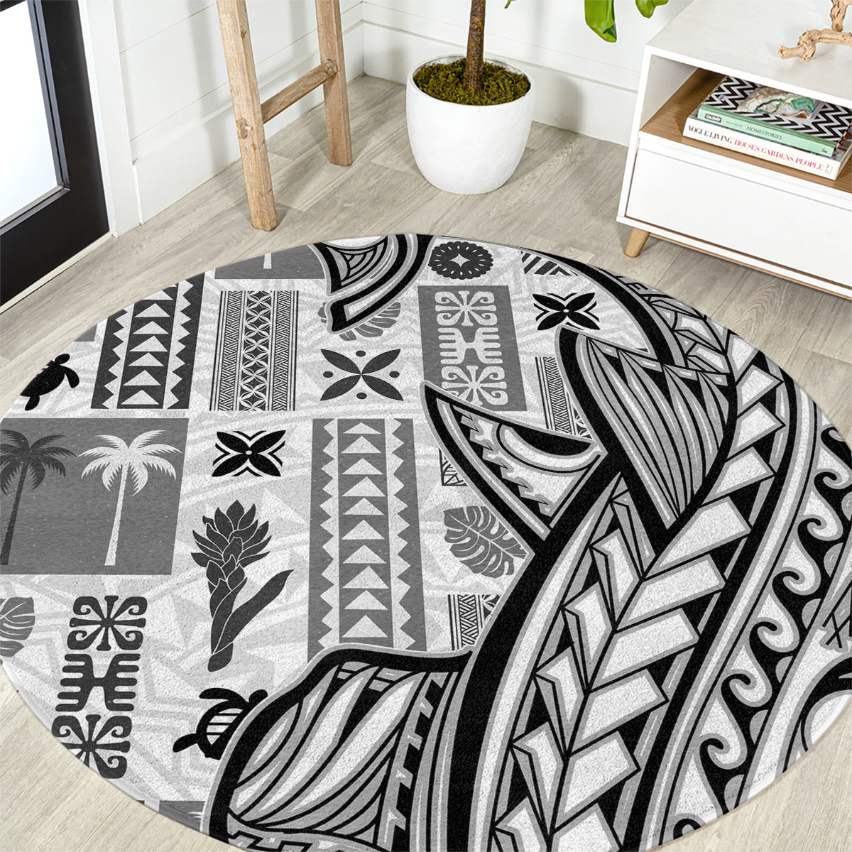 Samoa Tapa Round Carpet Siapo Mix Tatau Patterns - White LT7 White - Polynesian Pride