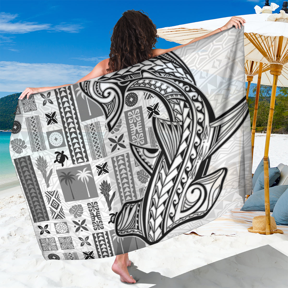 Samoa Tapa Sarong Siapo Mix Tatau Patterns - White LT7 One Size 44 x 66 inches White - Polynesian Pride