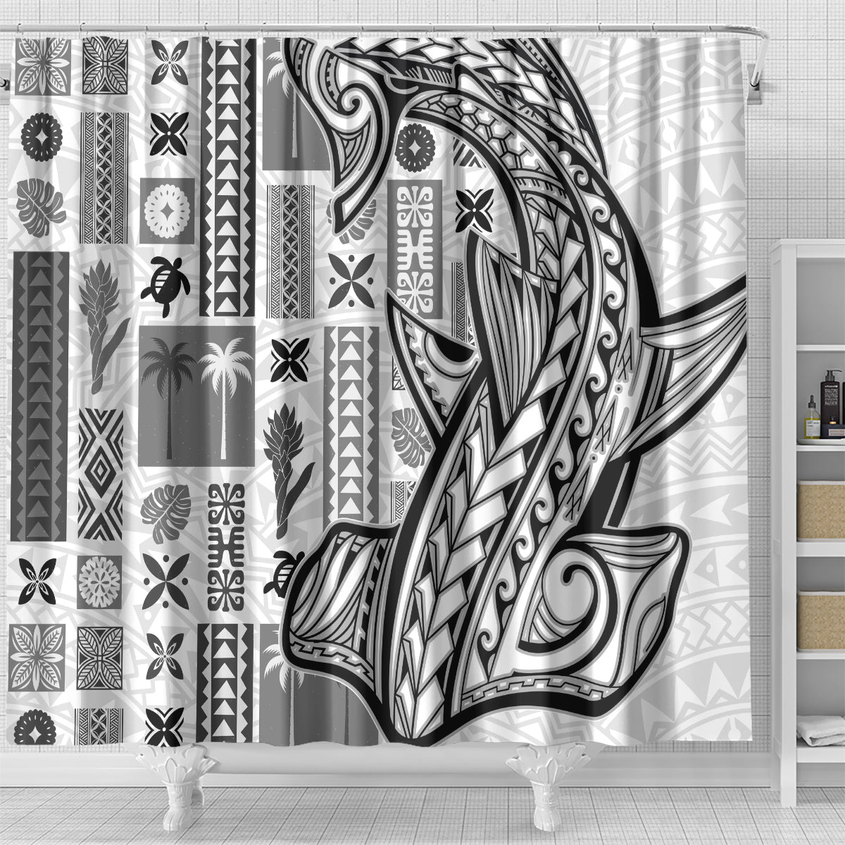 Samoa Tapa Shower Curtain Siapo Mix Tatau Patterns - White LT7 - Polynesian Pride