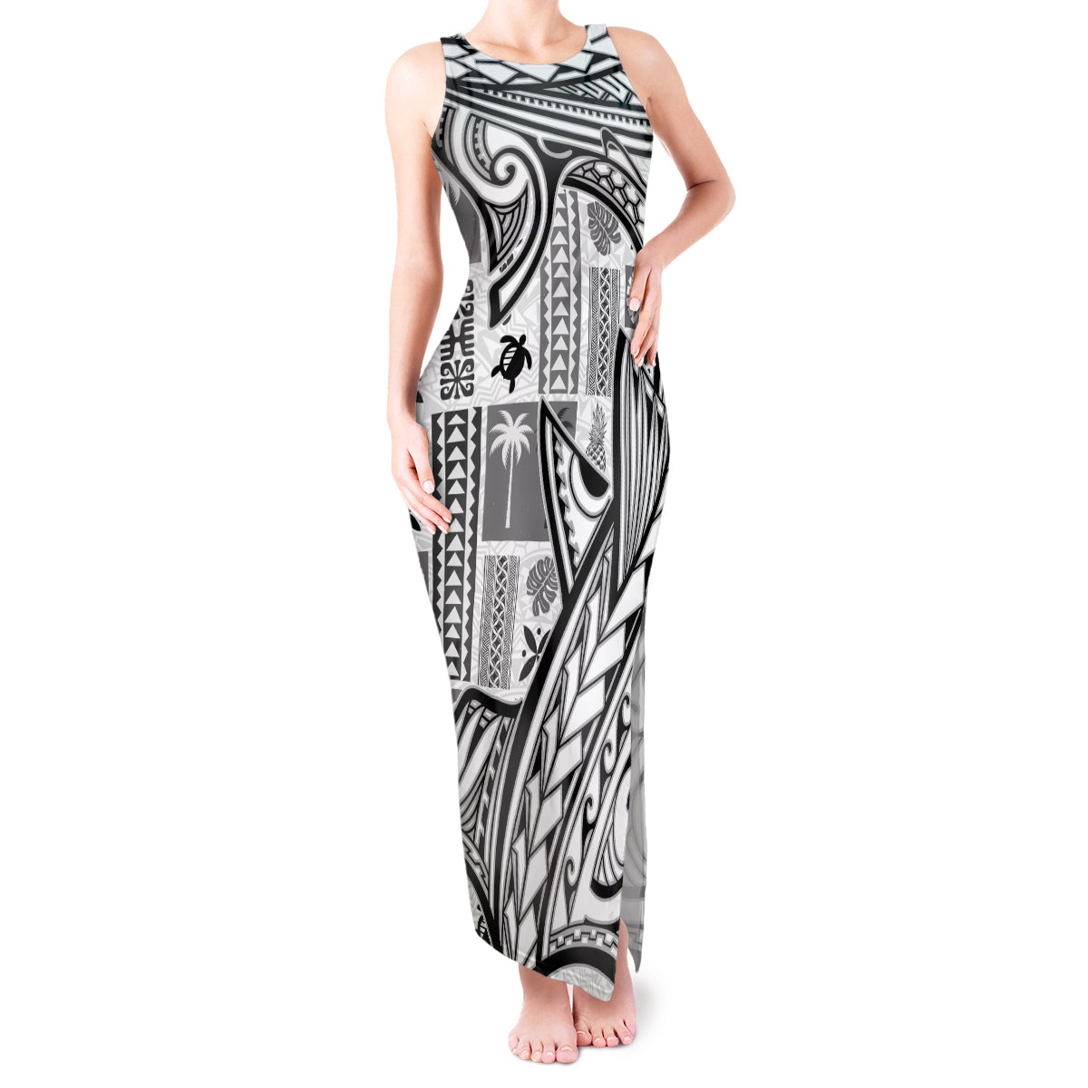 Samoa Tapa Tank Maxi Dress Siapo Mix Tatau Patterns - White LT7 Women White - Polynesian Pride