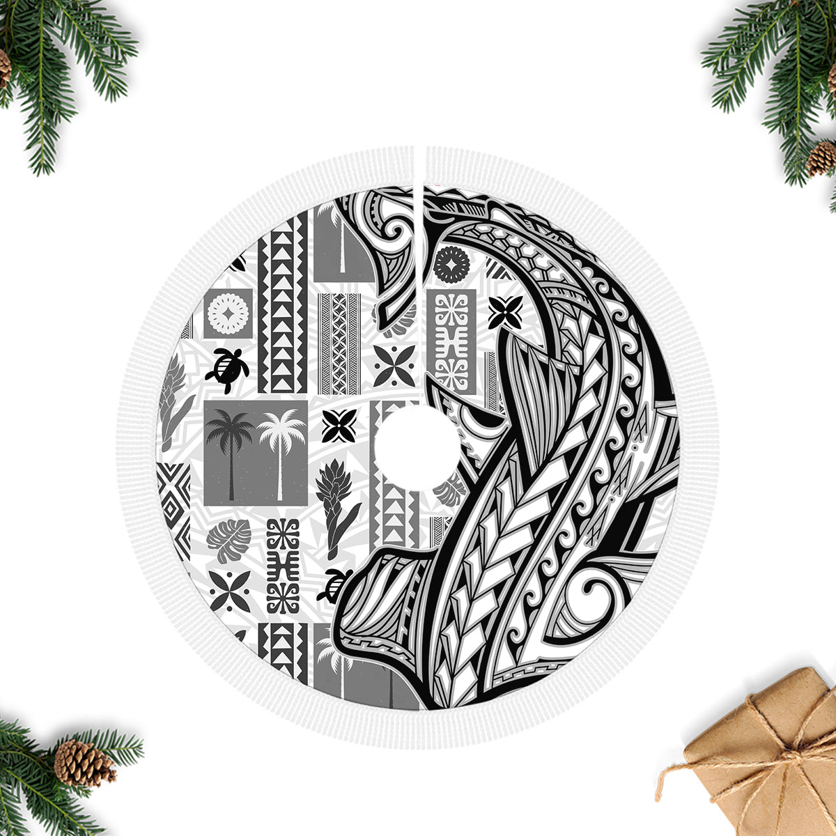 Samoa Tapa Tree Skirt Siapo Mix Tatau Patterns - White LT7 Fringed Tree Skirts White - Polynesian Pride