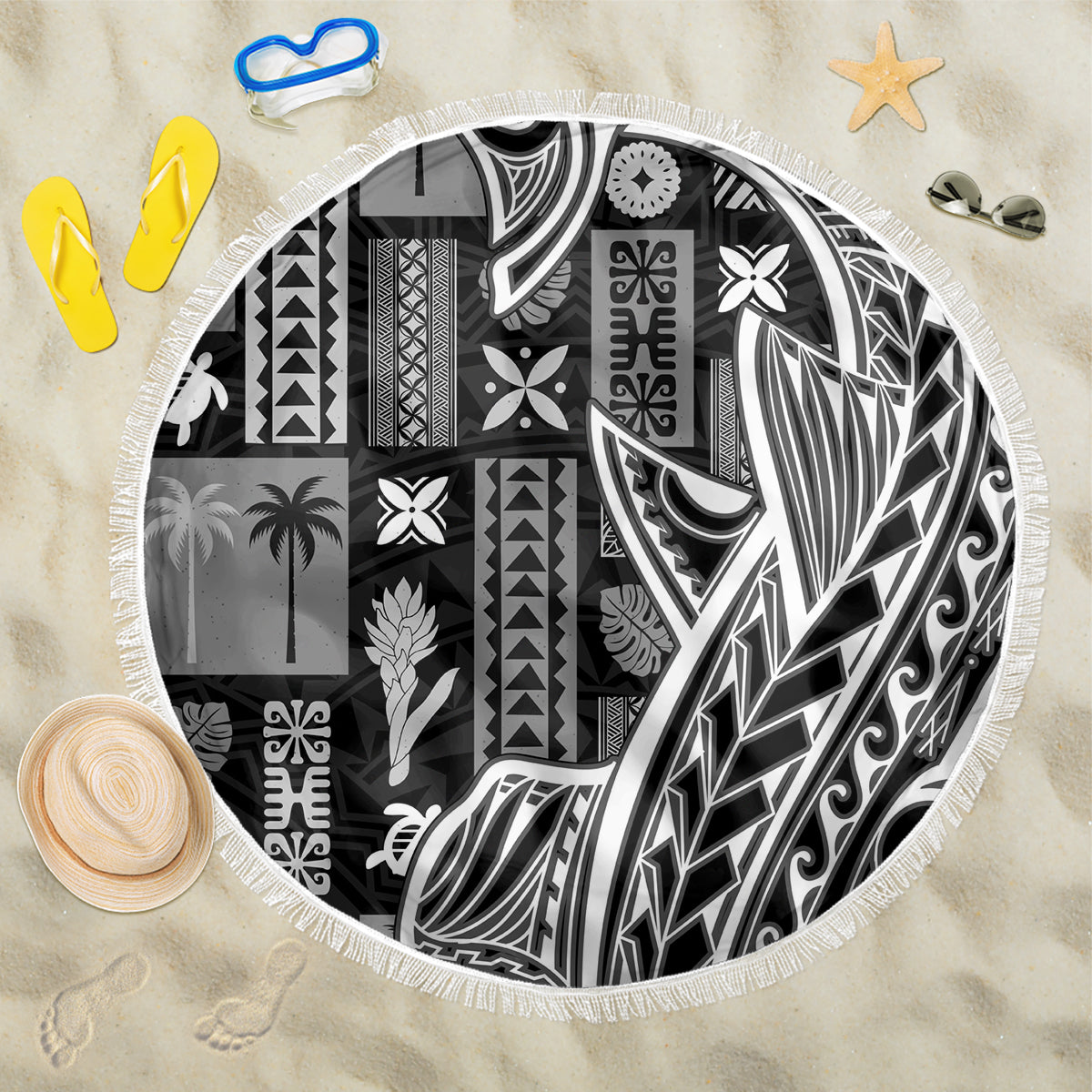 Samoa Tapa Beach Blanket Siapo Mix Tatau Patterns - Black LT7 One Size 150cm Black - Polynesian Pride