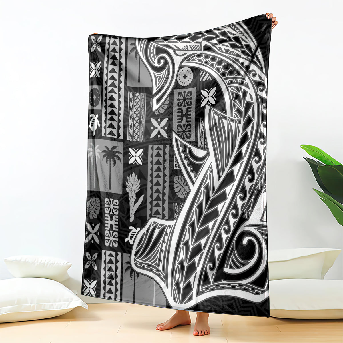 Samoa Tapa Blanket Siapo Mix Tatau Patterns - Black LT7 Black - Polynesian Pride