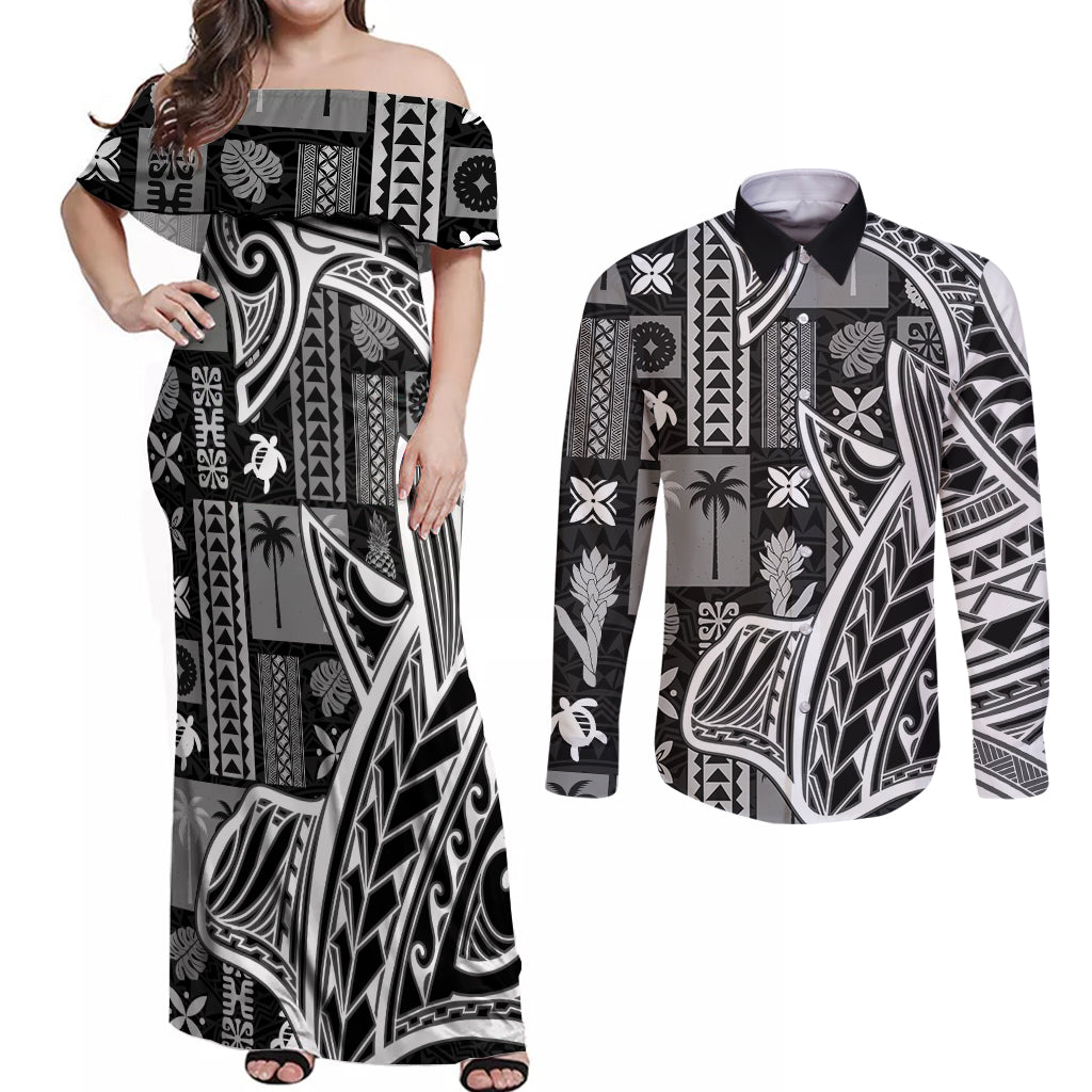 Samoa Tapa Couples Matching Off Shoulder Maxi Dress and Long Sleeve Button Shirt Siapo Mix Tatau Patterns - Black LT7 Black - Polynesian Pride