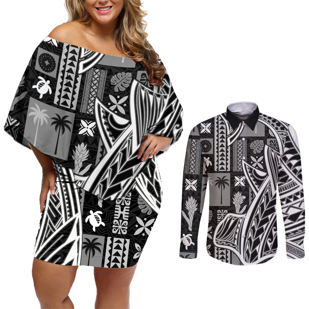 Samoa Tapa Couples Matching Off Shoulder Short Dress and Long Sleeve Button Shirt Siapo Mix Tatau Patterns - Black LT7 Black - Polynesian Pride