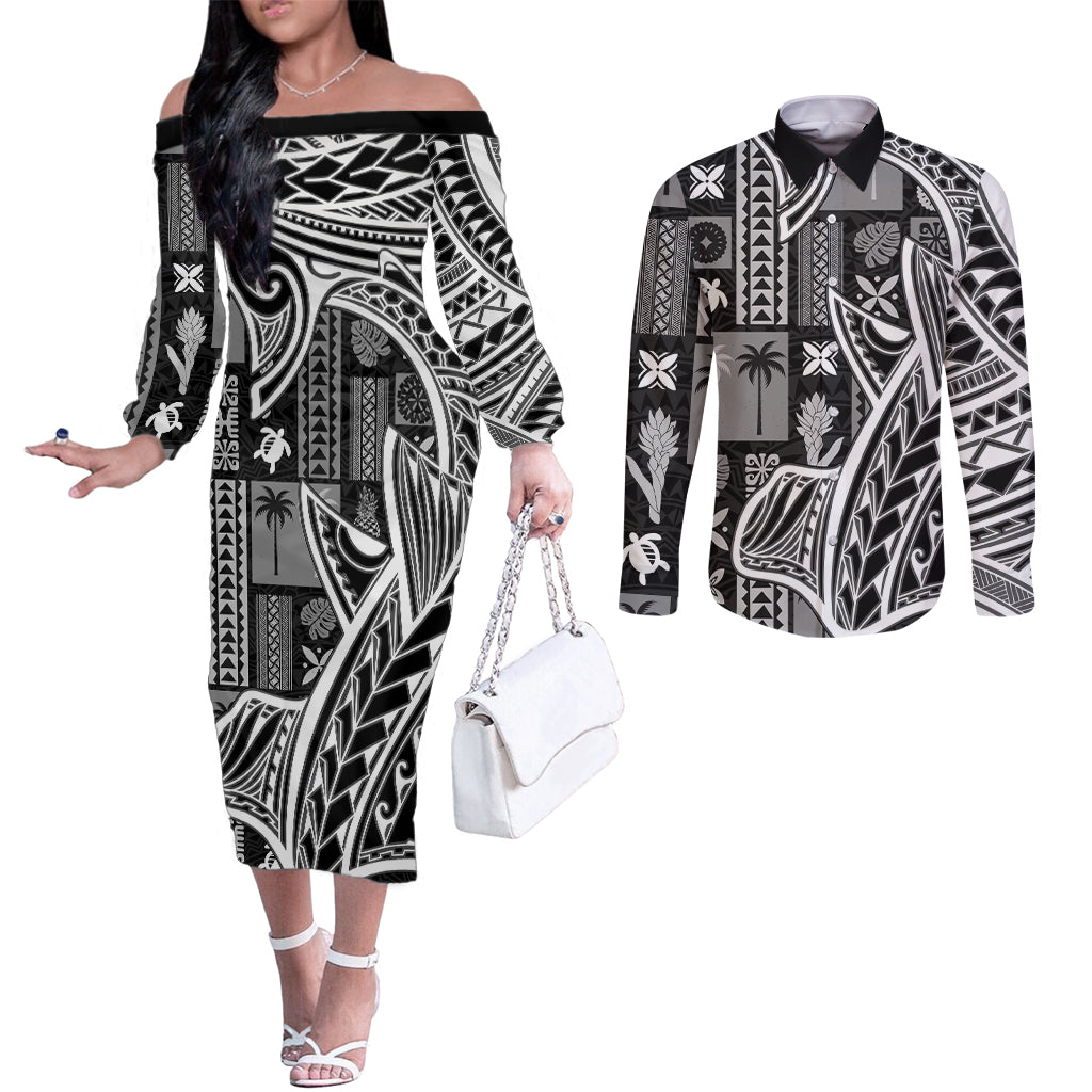 Samoa Tapa Couples Matching Off The Shoulder Long Sleeve Dress and Long Sleeve Button Shirt Siapo Mix Tatau Patterns - Black LT7 Black - Polynesian Pride