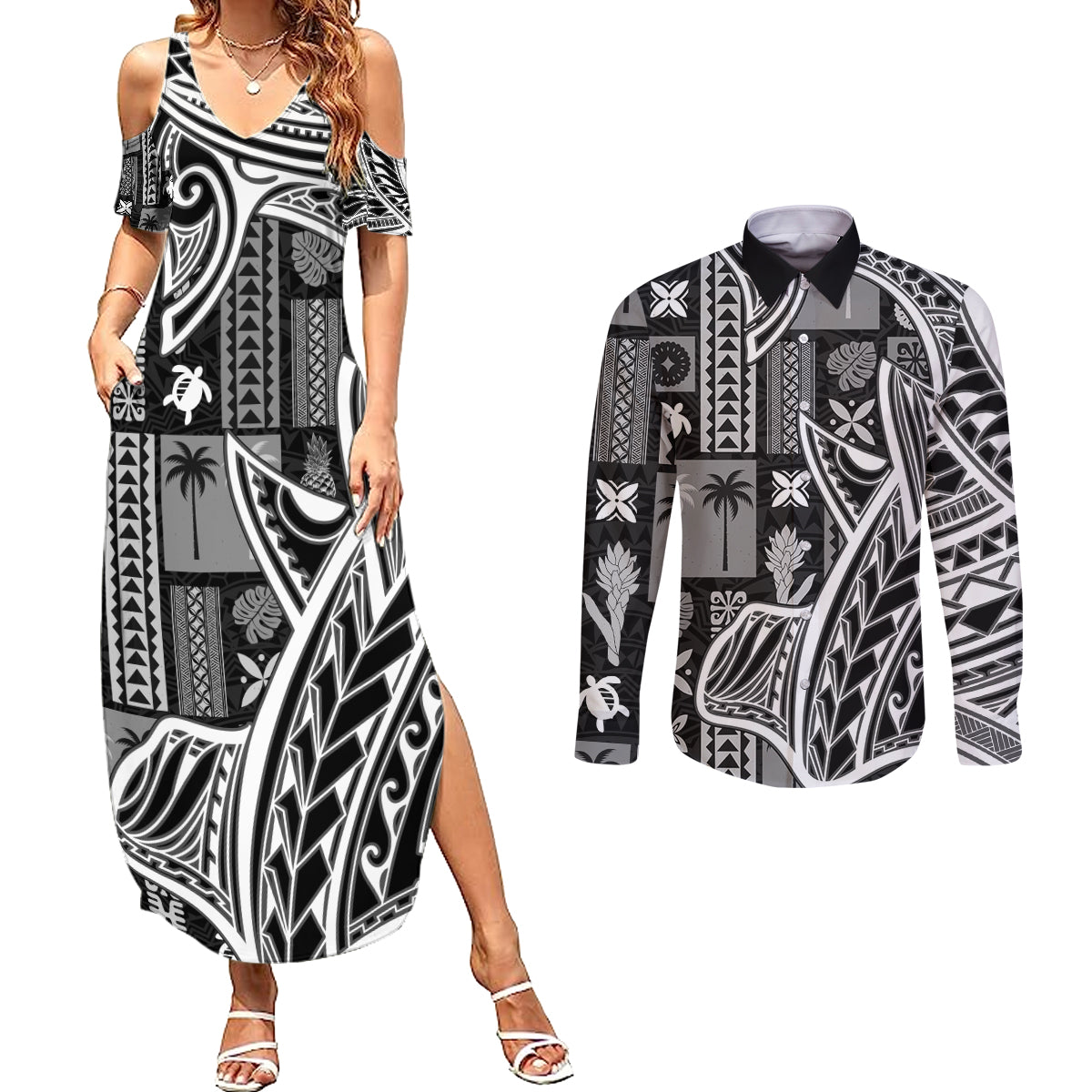 Samoa Tapa Couples Matching Summer Maxi Dress and Long Sleeve Button Shirt Siapo Mix Tatau Patterns - Black LT7 Black - Polynesian Pride