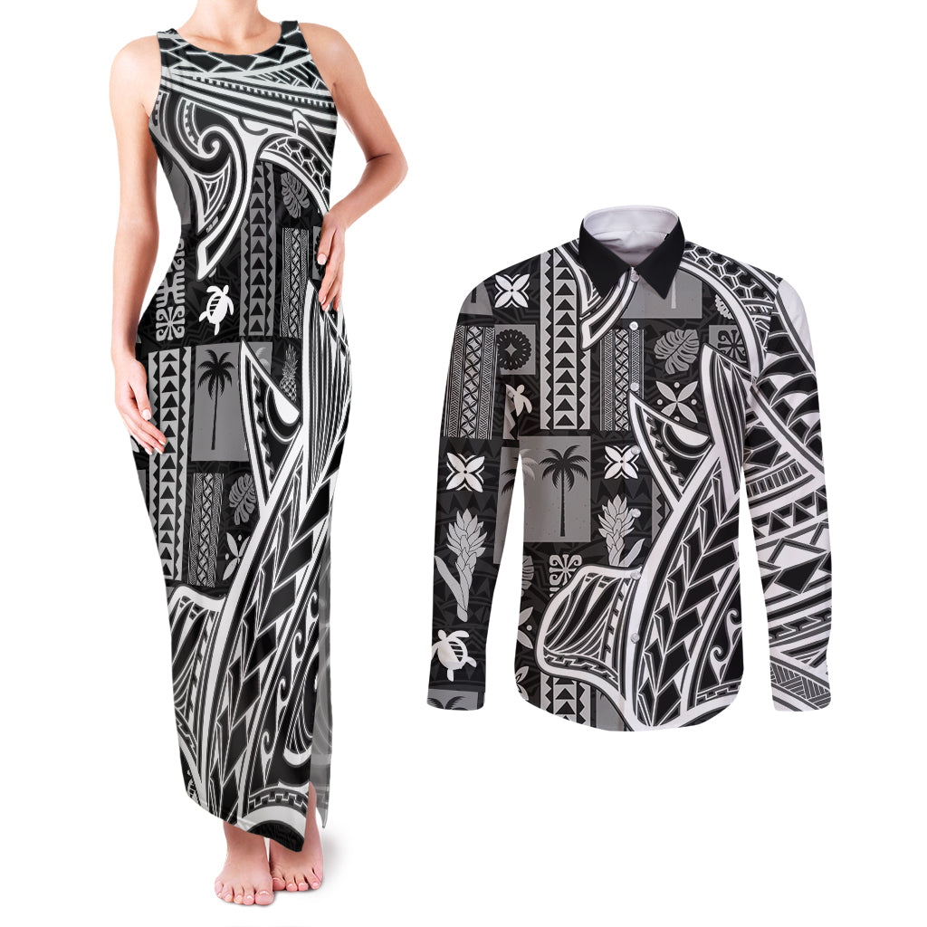 Samoa Tapa Couples Matching Tank Maxi Dress and Long Sleeve Button Shirt Siapo Mix Tatau Patterns - Black LT7 Black - Polynesian Pride