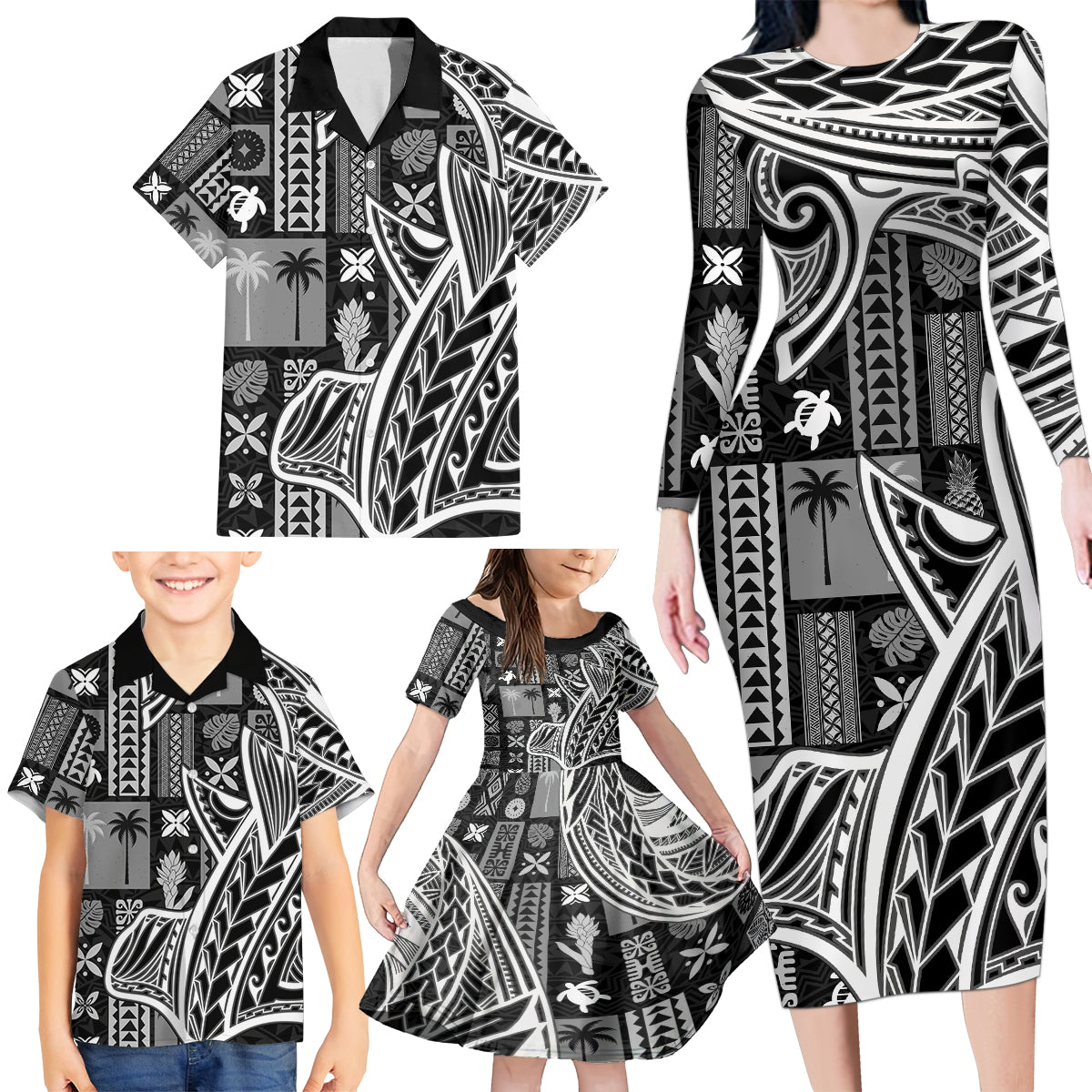 Samoa Tapa Family Matching Long Sleeve Bodycon Dress and Hawaiian Shirt Siapo Mix Tatau Patterns - Black LT7 - Polynesian Pride