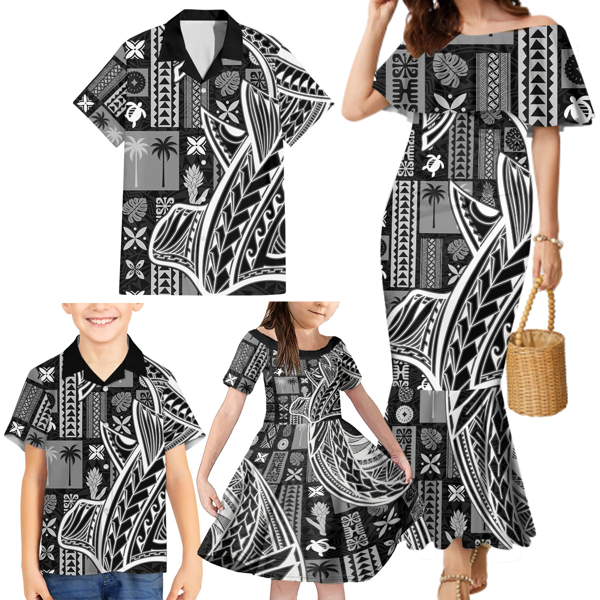 Samoa Tapa Family Matching Mermaid Dress and Hawaiian Shirt Siapo Mix Tatau Patterns - Black LT7 - Polynesian Pride