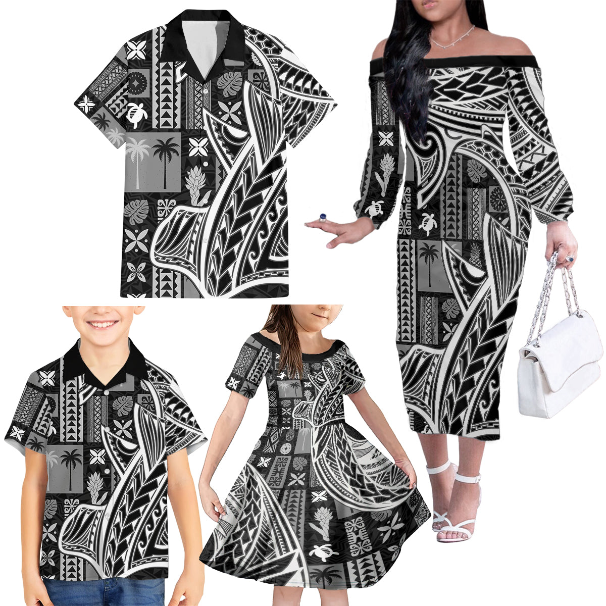 Samoa Tapa Family Matching Off Shoulder Long Sleeve Dress and Hawaiian Shirt Siapo Mix Tatau Patterns - Black LT7 - Polynesian Pride