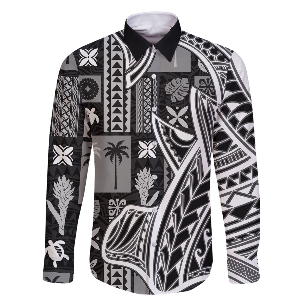Samoa Tapa Family Matching Off Shoulder Long Sleeve Dress and Hawaiian Shirt Siapo Mix Tatau Patterns - Black LT7 Dad's Shirt - Long Sleeve Black - Polynesian Pride