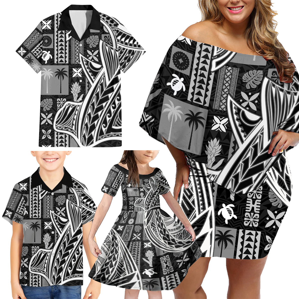 Samoa Tapa Family Matching Off Shoulder Short Dress and Hawaiian Shirt Siapo Mix Tatau Patterns - Black LT7 - Polynesian Pride