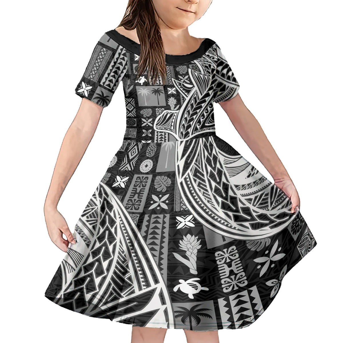 Samoa Tapa Family Matching Short Sleeve Bodycon Dress and Hawaiian Shirt Siapo Mix Tatau Patterns - Black LT7 Daughter's Dress Black - Polynesian Pride