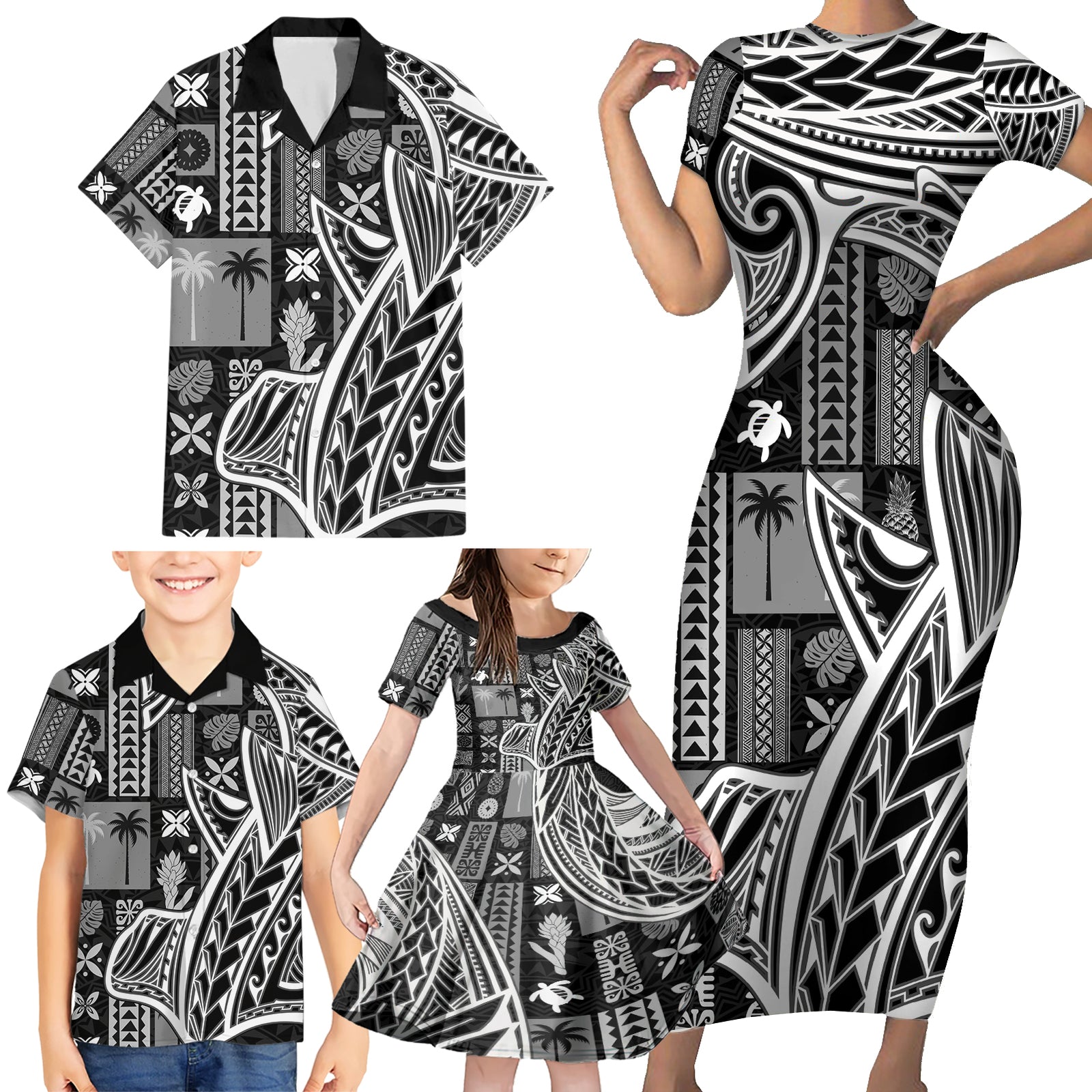 Samoa Tapa Family Matching Short Sleeve Bodycon Dress and Hawaiian Shirt Siapo Mix Tatau Patterns - Black LT7 - Polynesian Pride