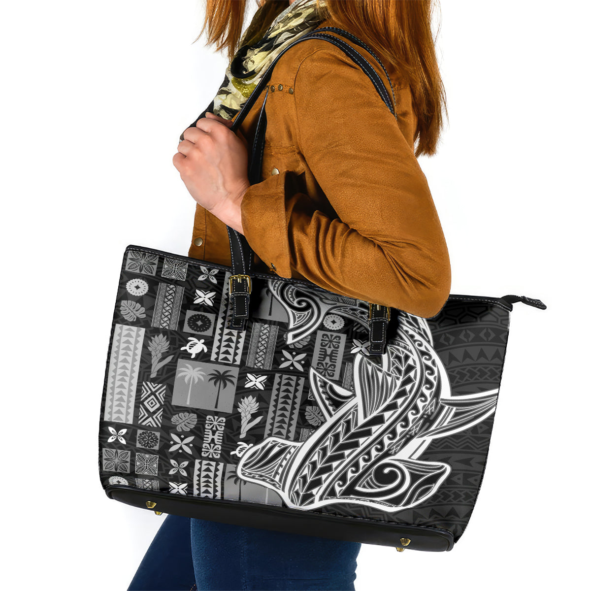 Samoa Tapa Leather Tote Bag - Siapo Mix Tatau Patterns Black LT7 Black - Polynesian Pride