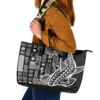 Samoa Tapa Leather Tote Bag - Siapo Mix Tatau Patterns Black LT7 Black - Polynesian Pride