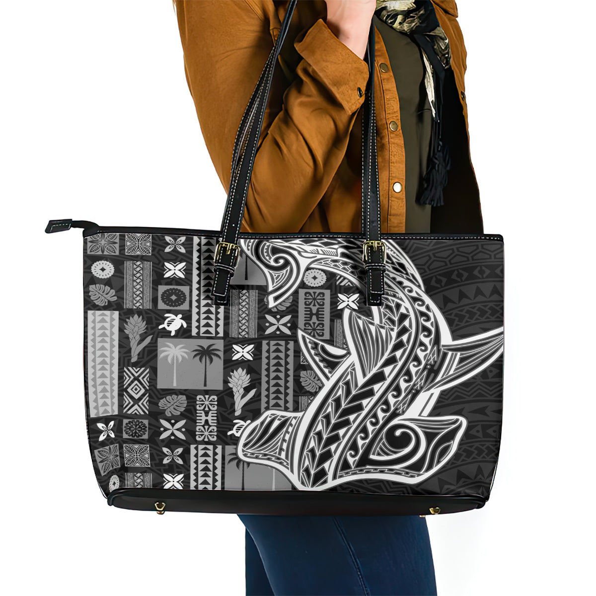 Samoa Tapa Leather Tote Bag - Siapo Mix Tatau Patterns Black LT7 - Polynesian Pride