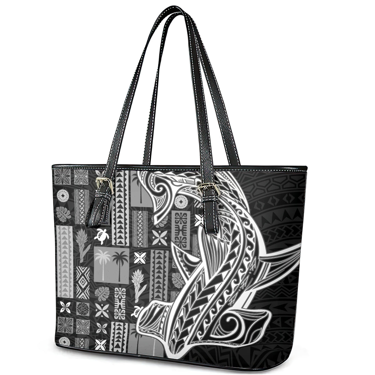 Samoa Tapa Leather Tote Bag - Siapo Mix Tatau Patterns Black LT7 - Polynesian Pride