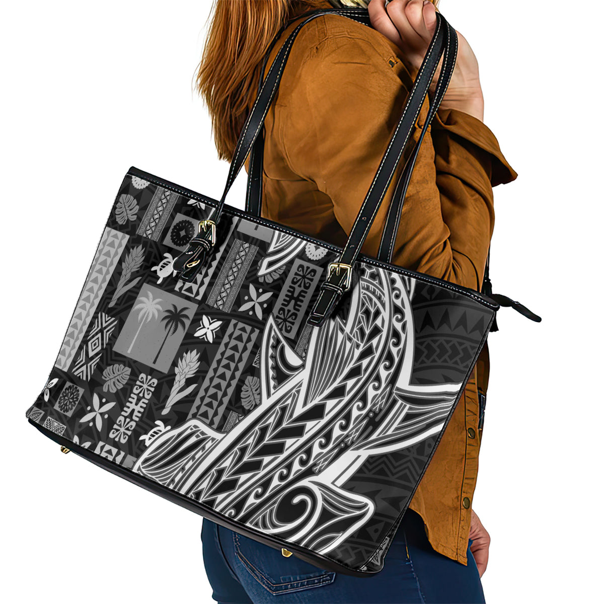 Samoa Tapa Leather Tote Bag - Siapo Mix Tatau Patterns Black LT7 - Polynesian Pride