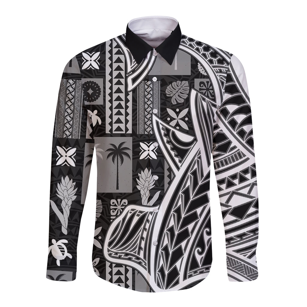 Samoa Tapa Long Sleeve Button Shirt Siapo Mix Tatau Patterns - Black LT7 Unisex Black - Polynesian Pride