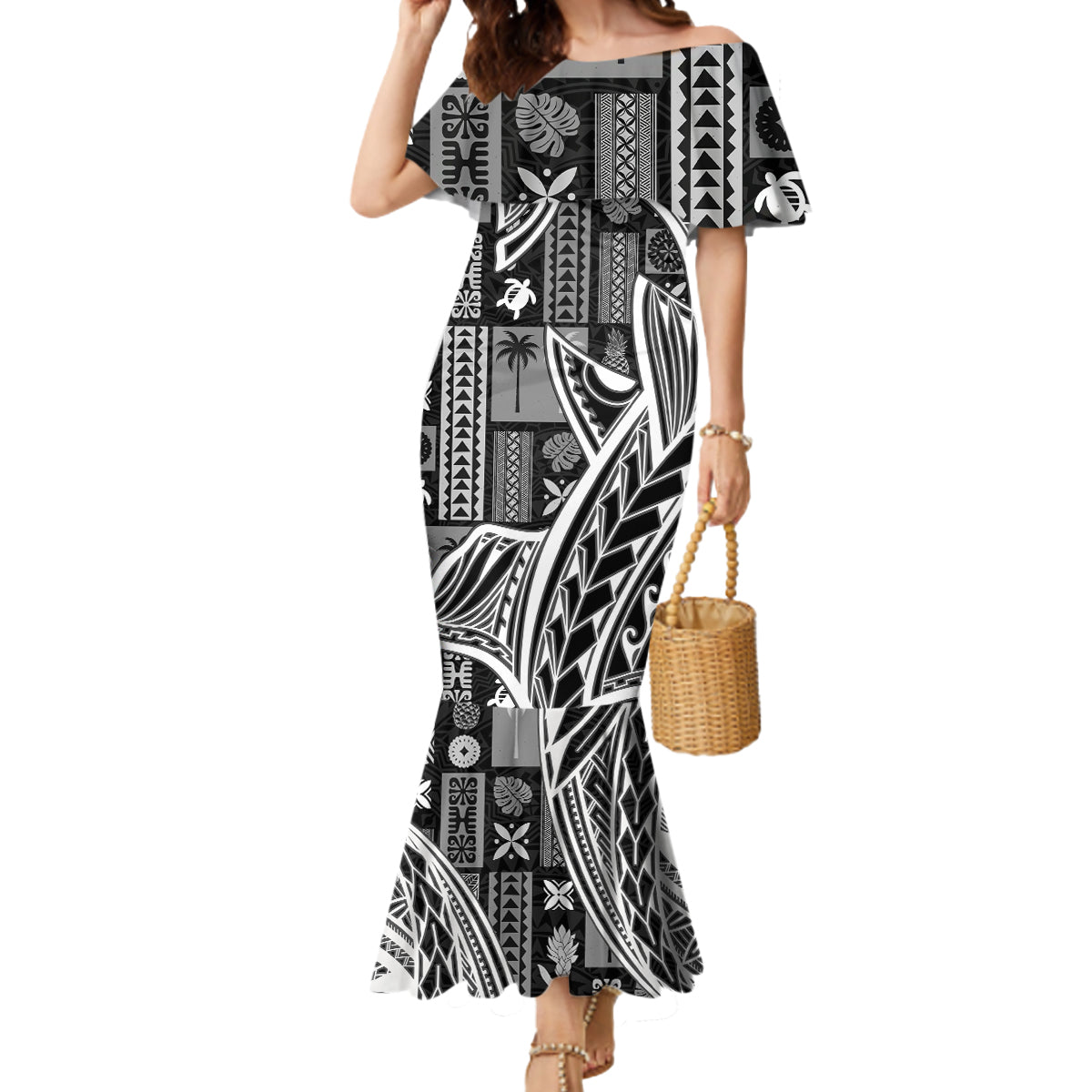 Samoa Tapa Mermaid Dress Siapo Mix Tatau Patterns - Black LT7 Women Black - Polynesian Pride