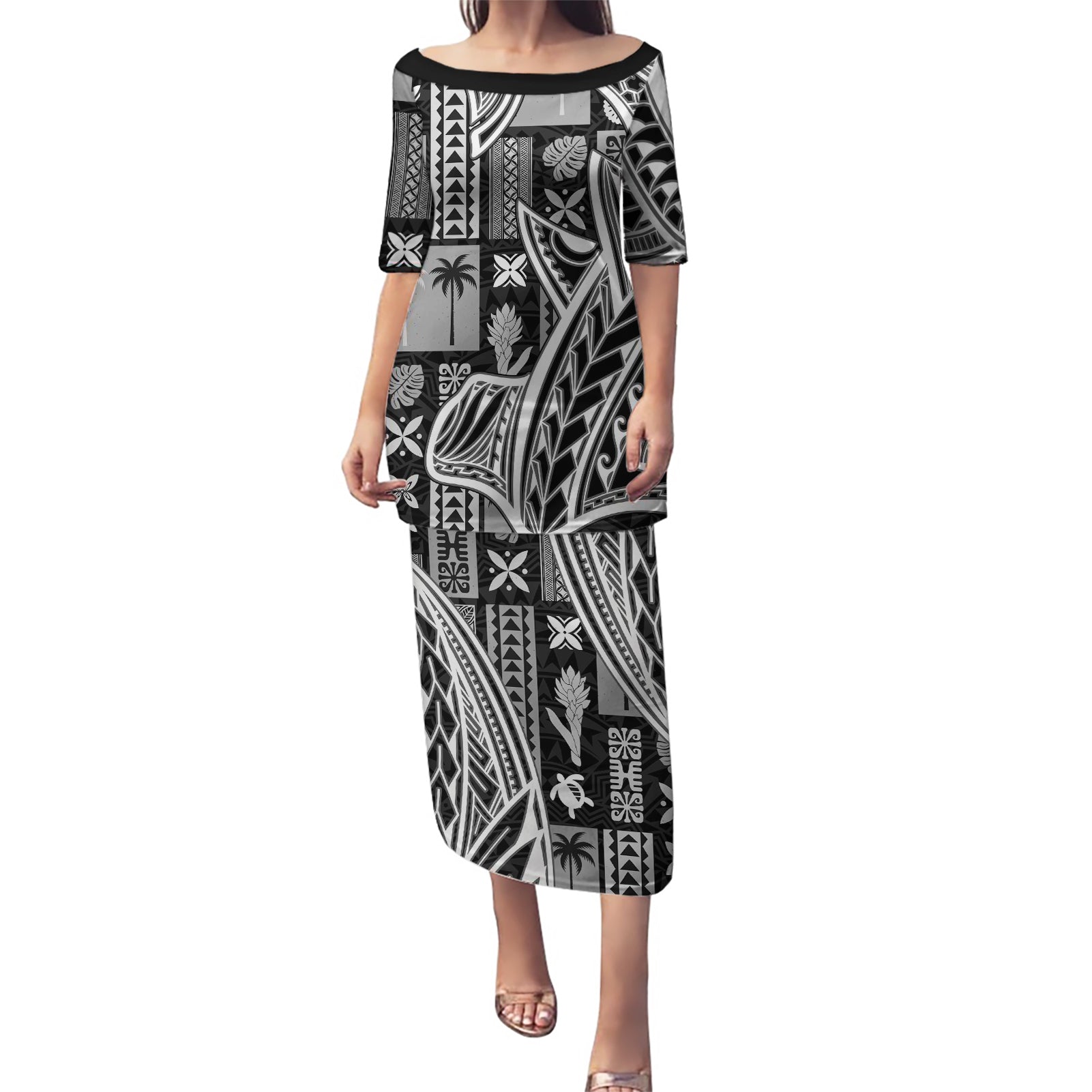 Samoa Tapa Puletasi Siapo Mix Tatau Patterns - Black LT7 Long Dress Black - Polynesian Pride