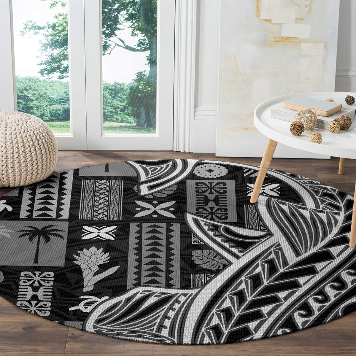 Samoa Tapa Round Carpet Siapo Mix Tatau Patterns - Black LT7 - Polynesian Pride