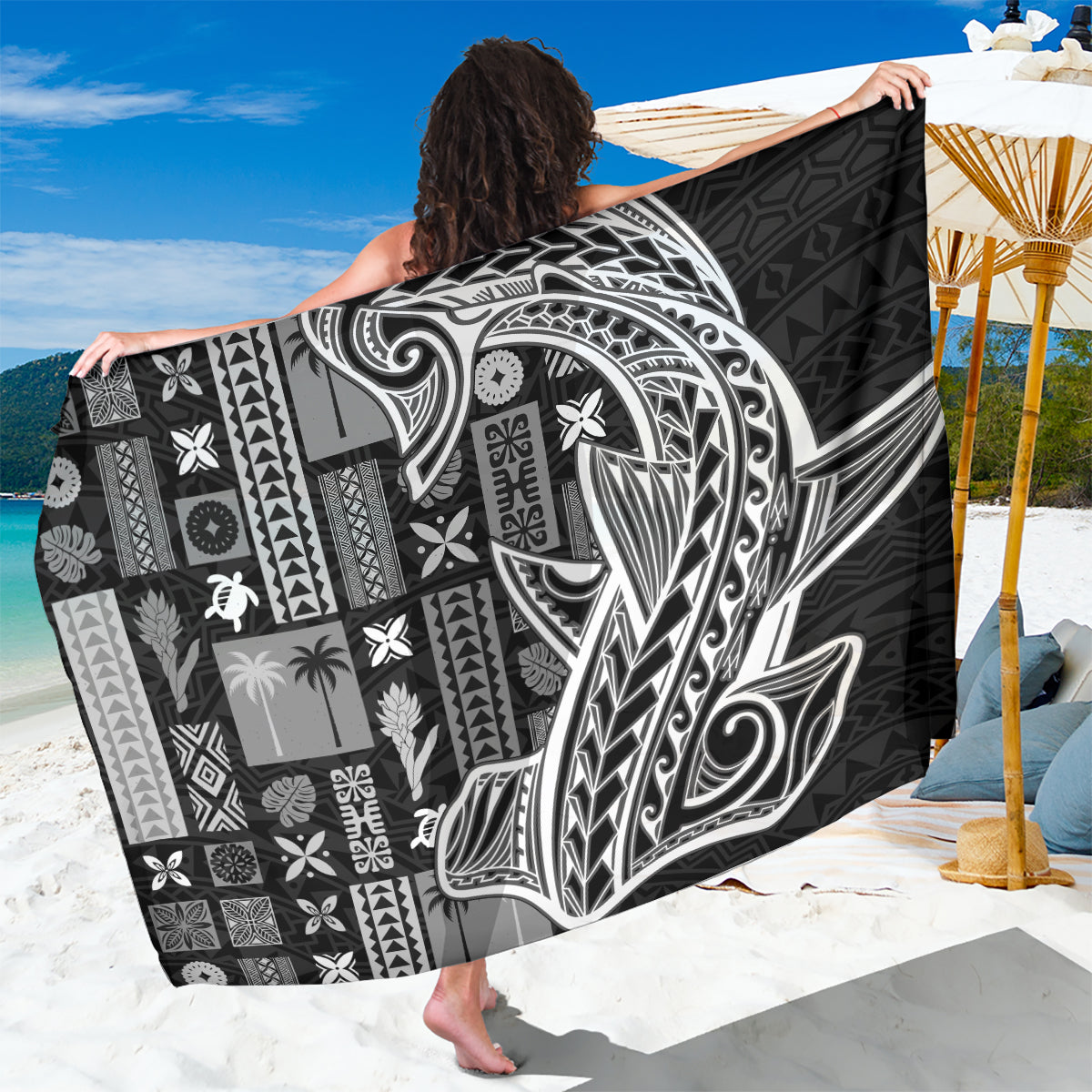 Samoa Tapa Sarong Siapo Mix Tatau Patterns - Black LT7 One Size 44 x 66 inches Black - Polynesian Pride